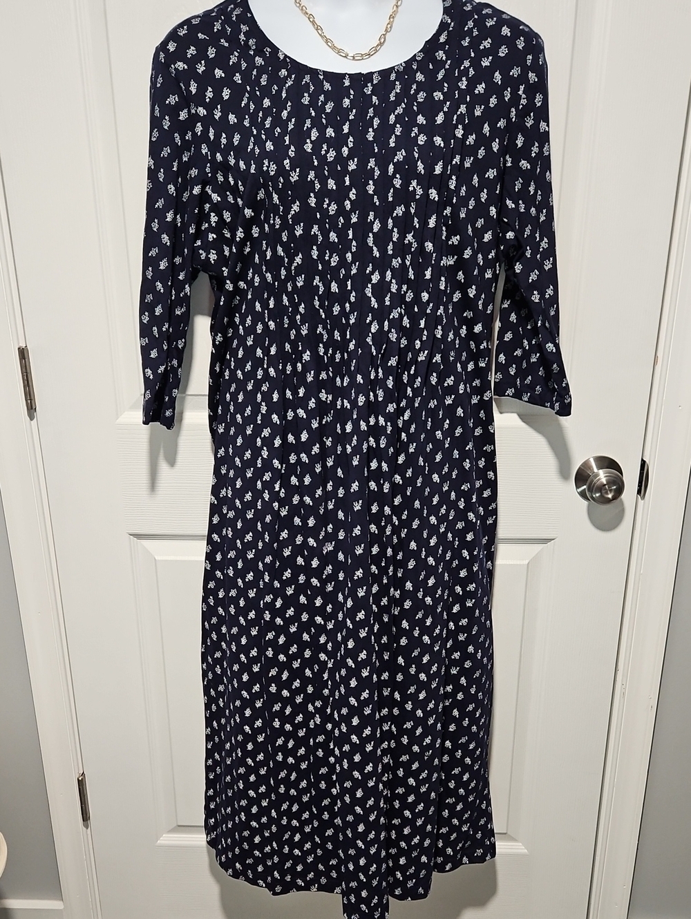 Navy Blue Printed Maxi Dress with White Floral Pattern